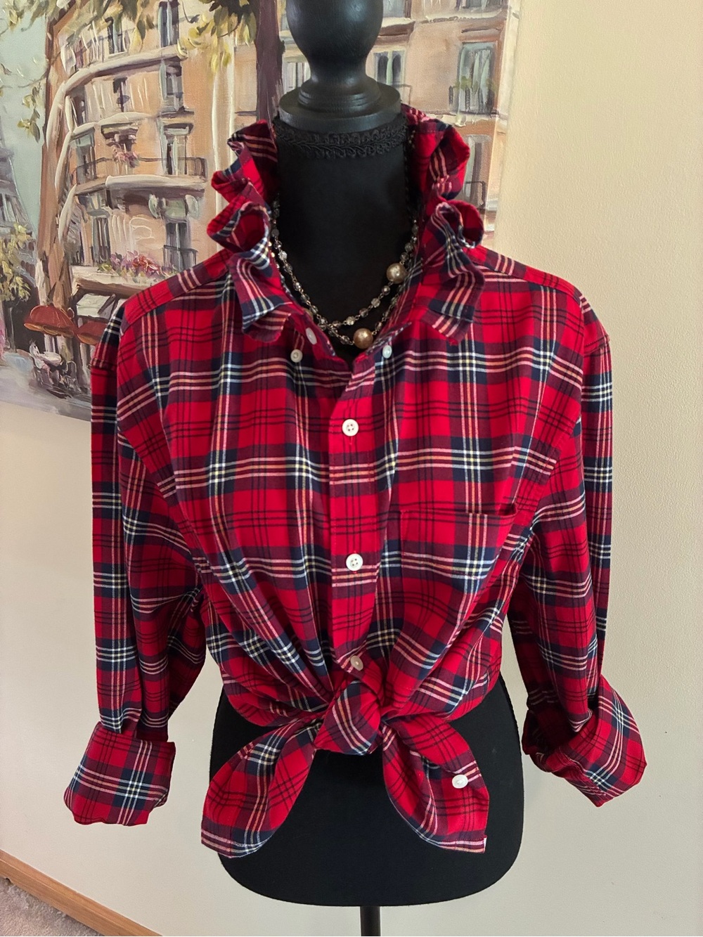 American Eagle Outfitters Red Plaid Ruffle-Collar Button-Down